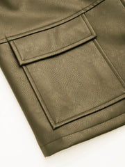 Faux Leather Collar Long Sleeve Button Oversized Shacket