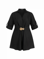 Cotton-blend V-neck Shell Metal Detail Mini Dress Curve & Plus