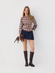 Plaid Stand Collar Asymmetrical Mid-length Sleeve Blouse