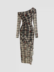 Mesh Asymmetrical Neck Floral Checks Ruffle Hem Maxi Dress