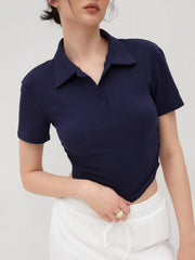Cotton-blend Collar Solid Ruched Button Short Sleeve Top
