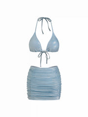 V-neck Halter Sequin Cheeky Bikini Set With Ruched Beach Skirt