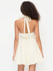 Linen-blend Halter Neckline Bowknot A-line Mini Dress