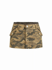Camo Denim Low Rise Lace Panel A-line Mini Skirt
