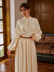 Stand Collar Pleated Cinched Waist Long Sleeve Maxi Dress