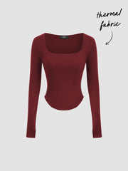 Thermal Cotton-blend Square Neck Solid Thumb Hole Long Sleeve Tee