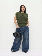Knit Boat Neck Backless Chain Detail Tank Top Curve & Plus