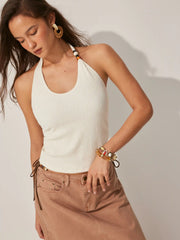 Cotton-blend Textured Asymmetrical Halter Neck Top With Bead Detail