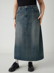 Denim Mid Waist Pocket Maxi Skirt Curve & Plus