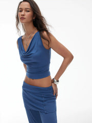Cowl Neck Ruched Sleeveless Top & Low Rise Layered Flared Trousers Set