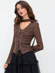 Lace V-neck Lace Up Long Sleeve Top With Scarf
