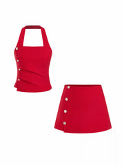 Linen-blend Halter Neck Ruched Top & Mid Rise Bodycon Mini Skirt Set