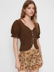Corduroy Sweetheart Neck Puff Sleeve Lace Up Ruffle Trim Blouse