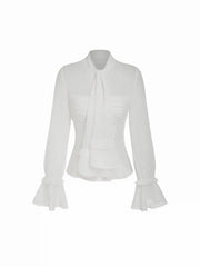 Chiffon Stand Collar Long Sleeve Ruffle Tie Front Ruched Blouse