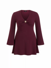 V-neck Bell Sleeve Metal Detail Mini Dress Curve & Plus