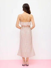 Satin Polka Dot V-Neck Ruffle Maxi Dress