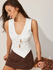 Cotton-Blend U-neckline Beaded Drawstring Tank Top