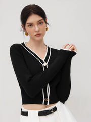 Knit V-neck Solid Contrasting Binding Button Cardigan