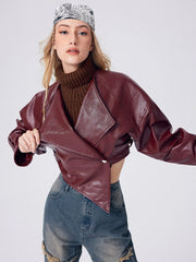 Solid Faux Leather Button Up Asymmetrical Crop Jacket