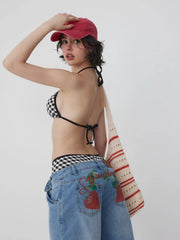 High Stretch Halter Neck Checks Triangle Top & Low Rise Contrasting Binding Shorts Bikini Set
