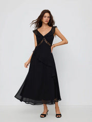 Chiffon V-neck Ruffled A-line Maxi Dress