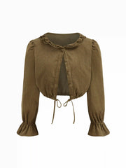 Corduroy Collar Lettuce Trim Drawstring Crop Blouse
