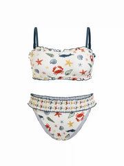 Curve & Plus Marine Life Graphic Smocked Bandeau & Low Rise Bikini Bottom Set