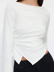 Cotton-blend Boat Neck Long Sleeve Ruched Asymmetrical Hem Tee