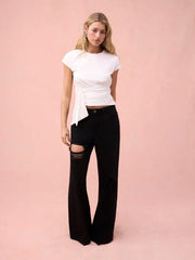 Cotton-blend Round Neck Ruched Short Sleeve Top