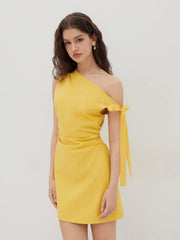 Linen-blend Asymmetrical Neck Ruched Mini Dress