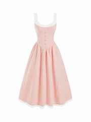 Gingham Square Neckline Lace Up Maxi Dress