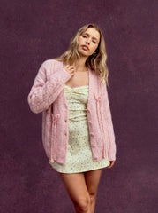 Knit Wool-blend V-neck Long Sleeve Lace Bowknot Button Oversized Cardigan