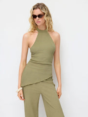 Textured Halter Neck Asymmetrical Top & Low Rise Straight Leg Trousers Set