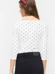 Cotton-blend Polka Dot Boat Neck Middle Sleeve Crop Tee