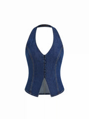 Denim Halter V-neck Split Front Top