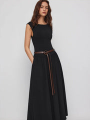 High Stretch Boat Neck Pocket A-line Maxi Dress With Belt
