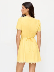 Linen-blend Square Neck Lace Trim Button Through A-line Mini Dress