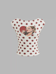 Cotton-blend Boat Neck Polka Dot Heart Figure Graphic Backless Tee