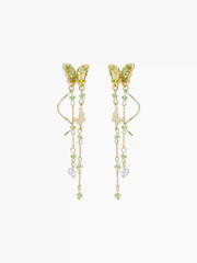 RHINESTONE DECOR BUTTERFLY FAUX PEARL TASSEL EARRINGS
