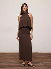 Halter Neckline Draped Ruched Straight Maxi Dress