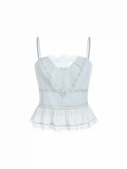 Chiffon Striped Lace Trim Ruffle Hem Crop Cami Top