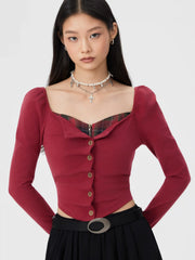 Cotton-blend Sweetheart Neck Plaid Puff Sleeve Button Front Top