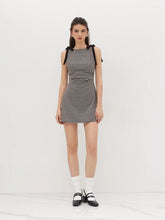 Round Neckline Gingham Bowknot Ruched Mini Dress