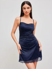 Mesh Cowl Neck Solid Sequin Mini Dress