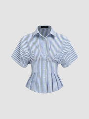 Cotton-blend Collar Stripe Pleated Cinched Waist Shirt