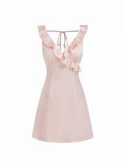 Satin Ruffle V-neck Backless A-line Mini Dress