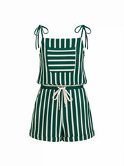 Square Neck Stripe Drawstring Knotted Romper