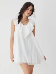Cotton V-neck Ruffle Sleeve Lace Panel Babydoll Mini Dress