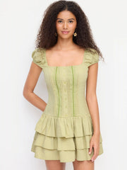 Cotton-blend Square Neck Lantern Sleeve Lace Panel Tiered Mini Dress