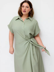 Linen-blend Short Sleeve Twist Knotted Shirt Midi Dress Curve & Plus